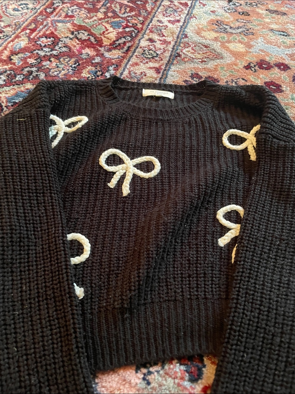 Girls' Black Knit Sweater with Cream Bow Accents